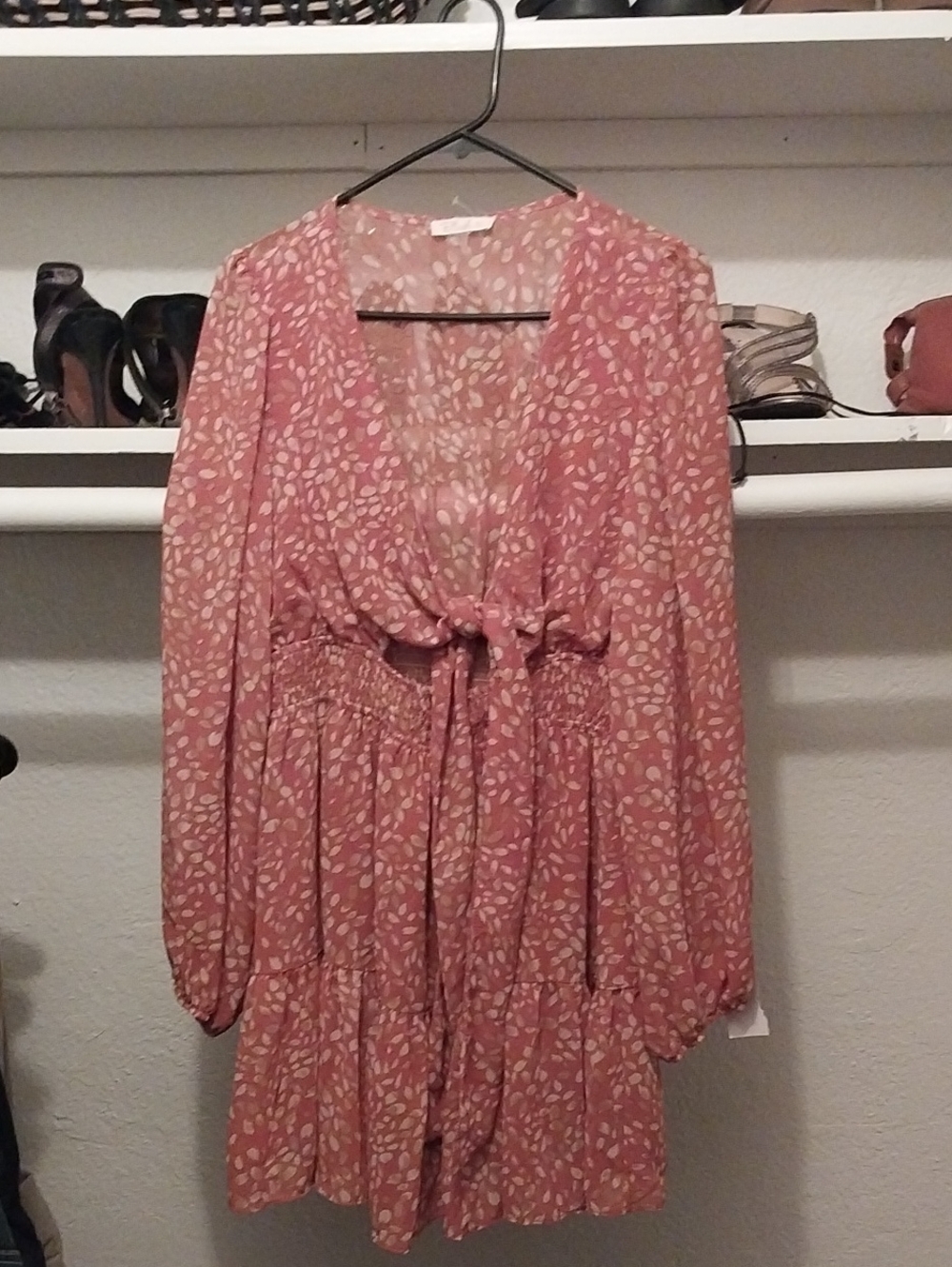 Women’s Orange/brownish Leaf-Print Tie-Front Dress